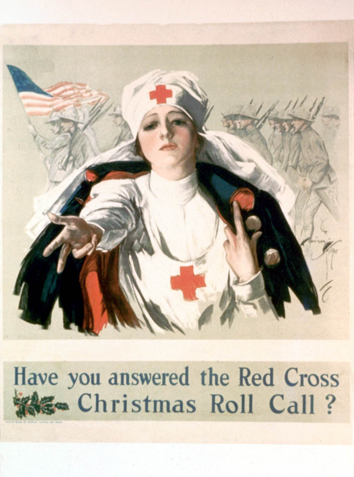 A young Red Cross nurse with outstretched arm beckons toward the vewier as troops pass in column behind