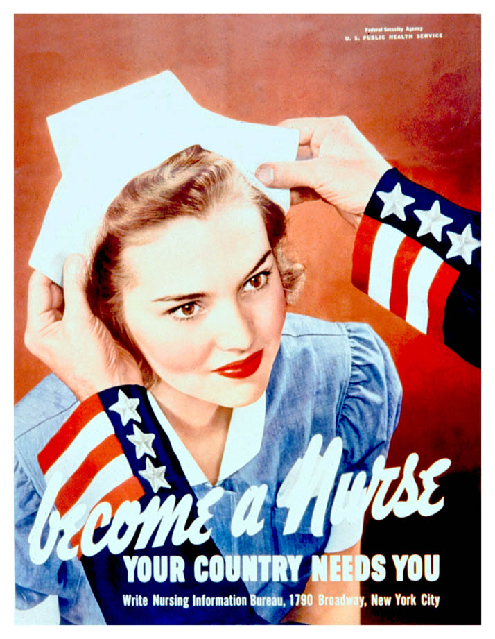 A young woman is given a nurse’s hat by the arms of Uncle Sam
