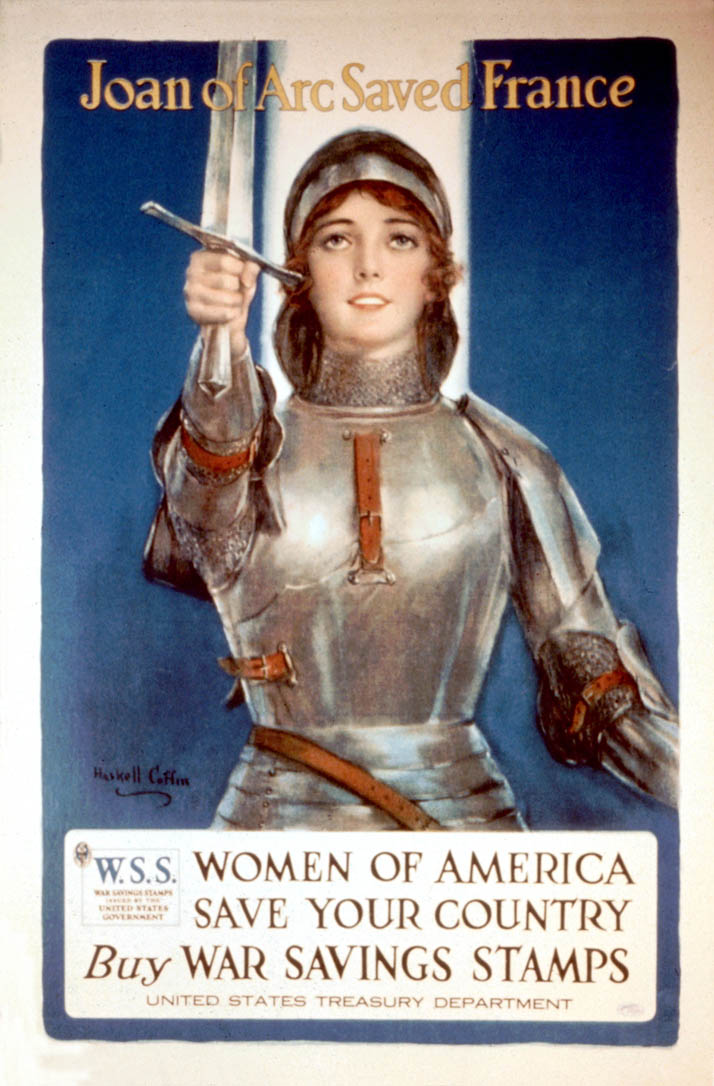 An attractive Joan of Arc holds aloft her sword
