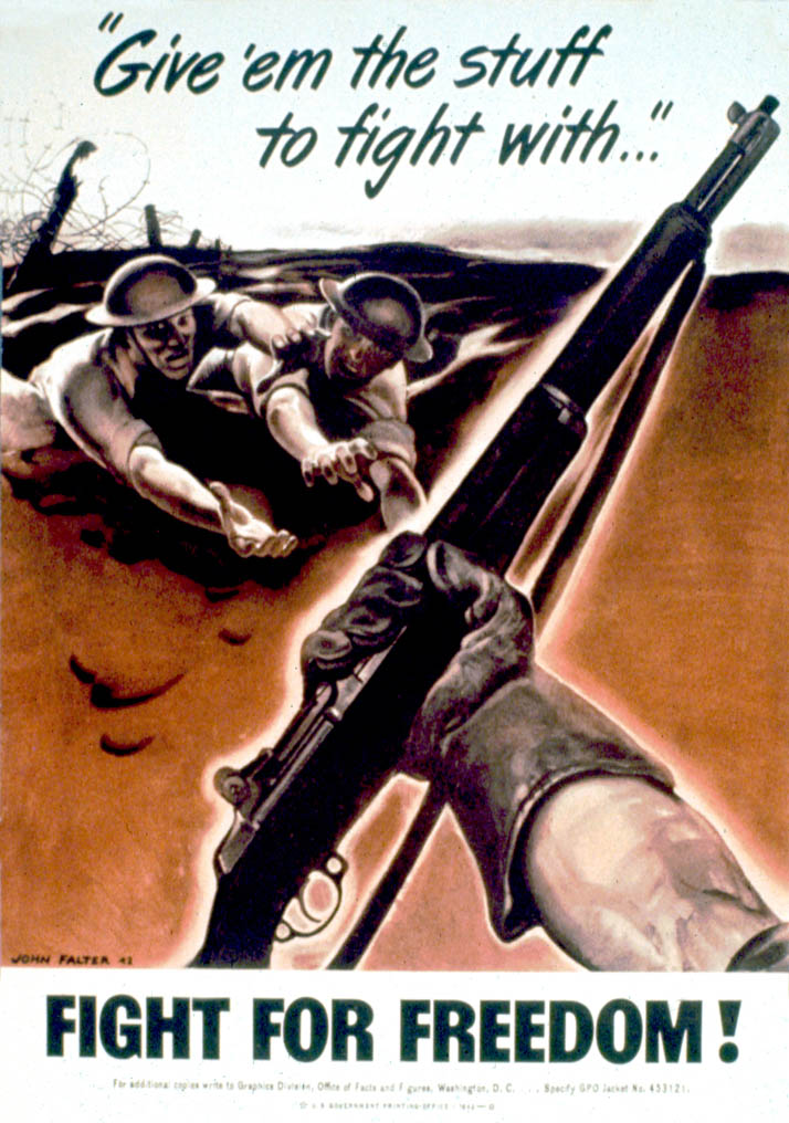 An outstretched arm extends a rifle to two soldiers