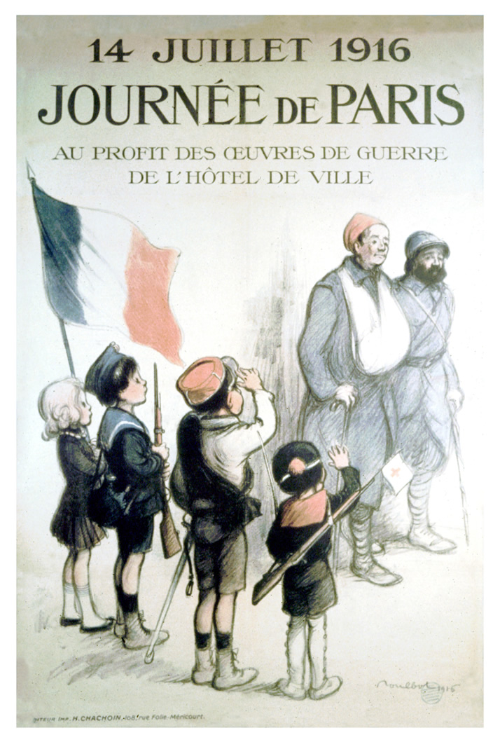 Four children bear the French flag and salute two wounded soldiers