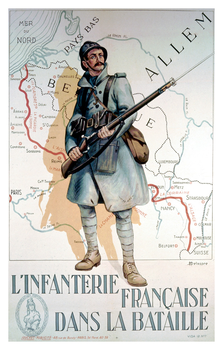 French infantyman superimposed over a map displaying the trenchline of the Western front