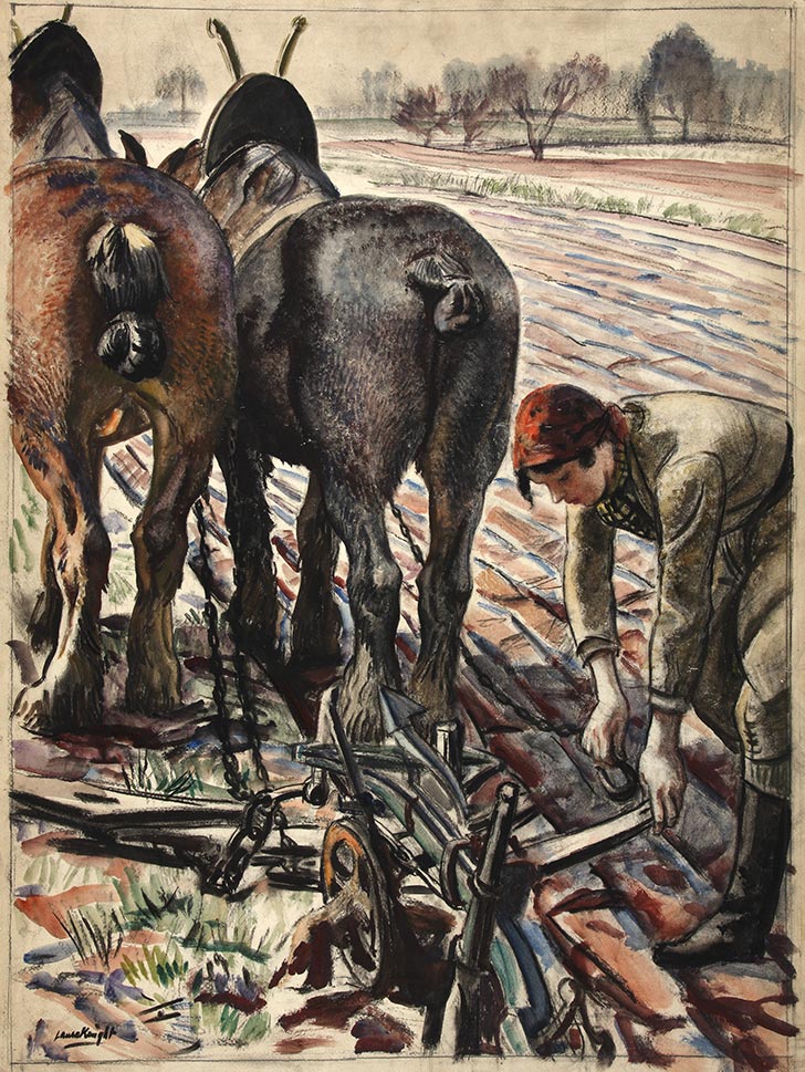 INF3 108 Food Production Horse drawn plough, land girl Artist Laura Knight