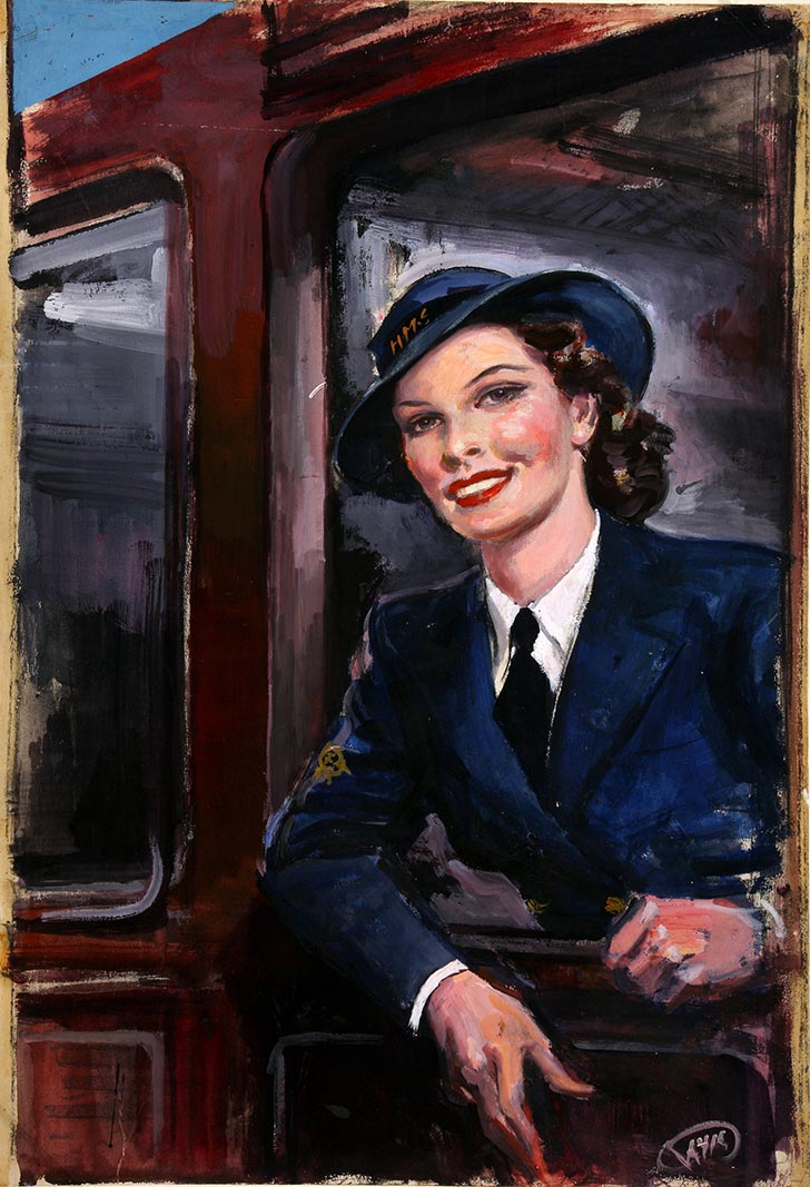 INF3 112 Forces Recruitment WRNS rating at railway carriage window Artist Davis