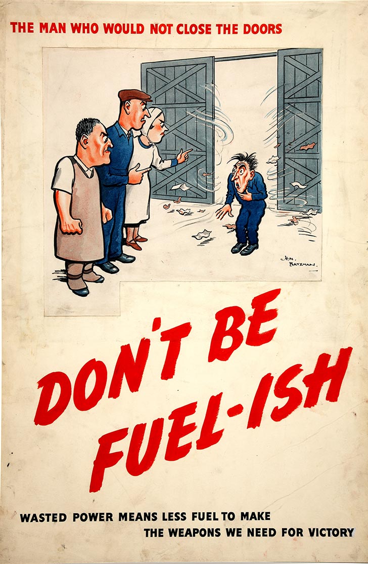 INF3 190 Fuel Economy The man who would not close the doors   don't be fuel ish (factory interior cartoon) Artist H M Bateman
