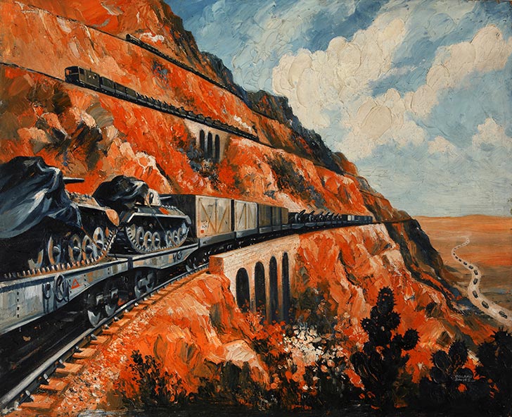 INF3 20 Mountain railway transporting tanks Artist Roland Davies 18939 1946