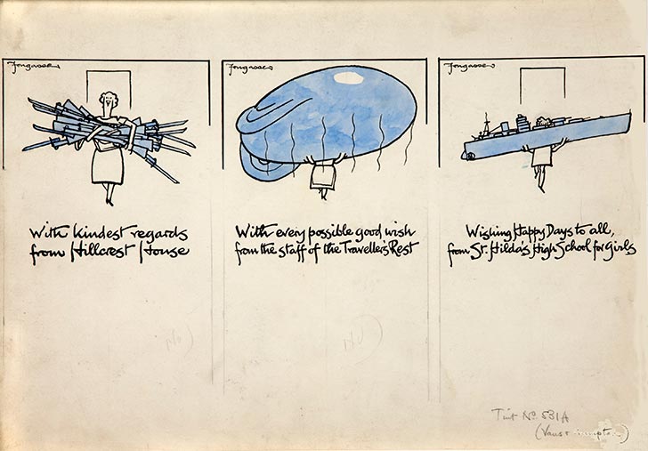 INF3 221 Salvage Three cartoon figures of women carrying rifles, a balloon and a warship Artist Fougasse