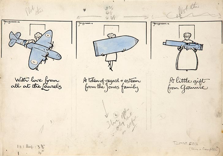 INF3 222 Salvage Three cartoon figures of women carrying an aeroplane, a shell and a machine gun Artist Fougasse