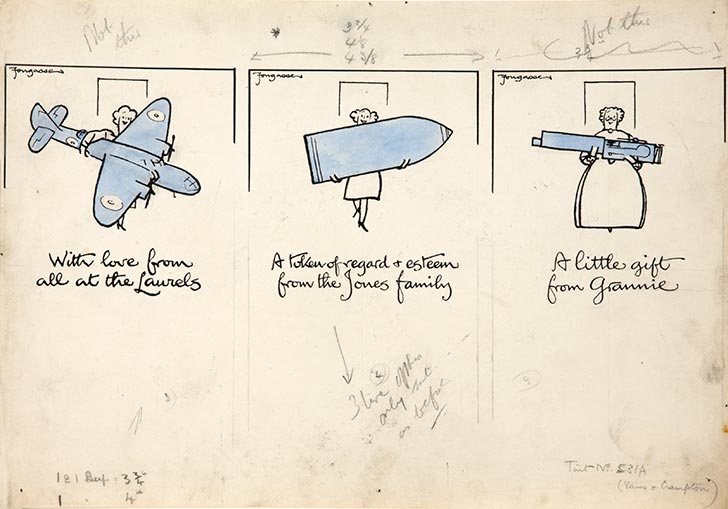 INF3 222 Salvage Three cartoon figures of women carrying an aeroplane, a shell and a machine gun Artist Fougasse