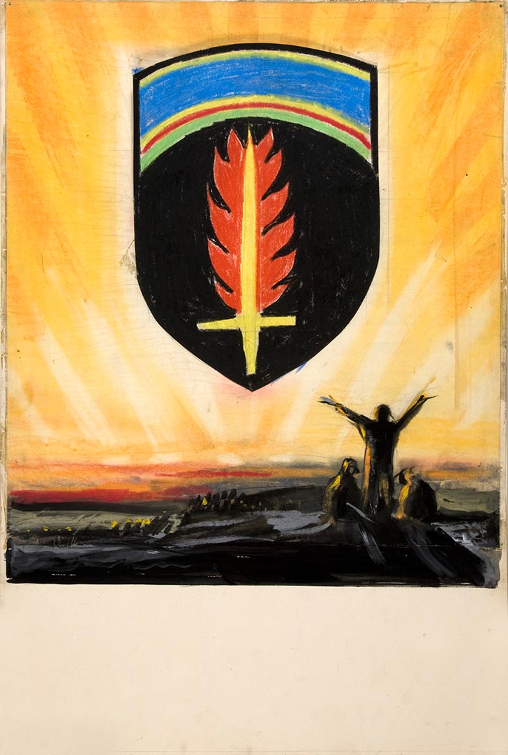INF3 311 Unity of Strength Shield with flaming sword on golden sky background