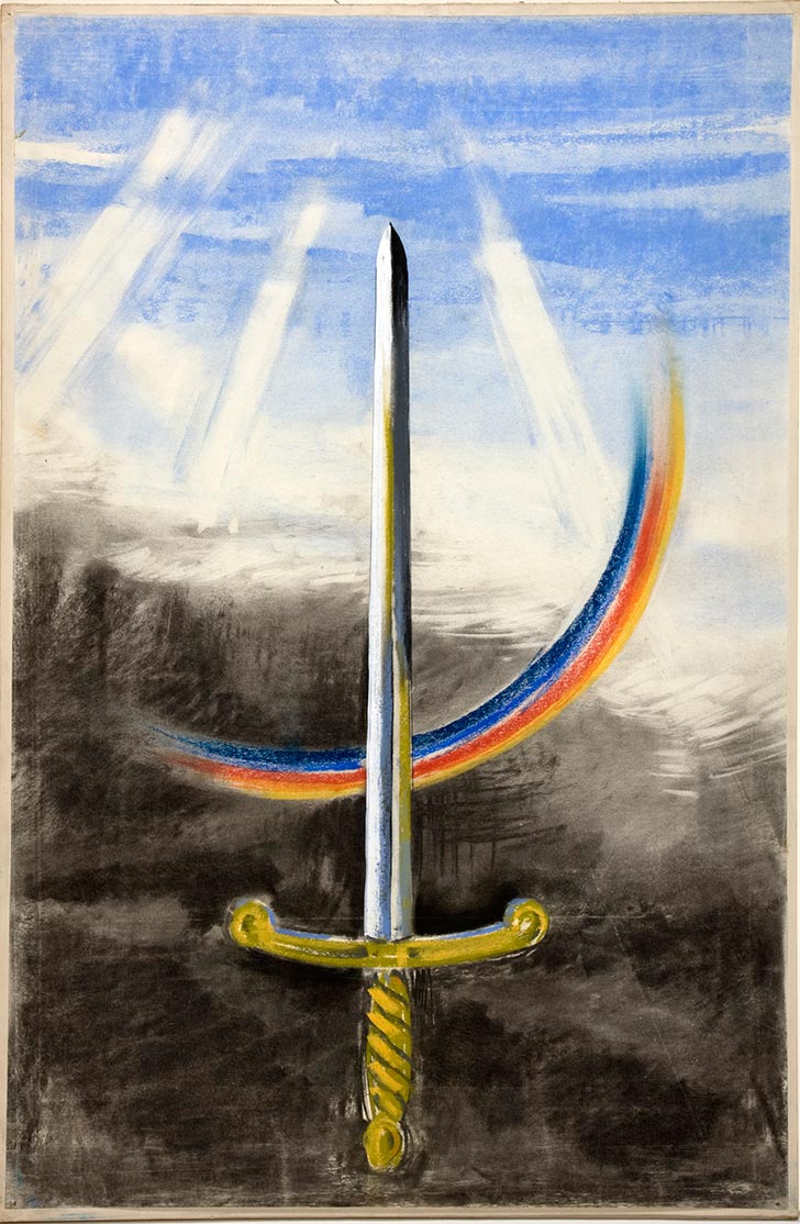 INF3 317 Unity of Strength A sword pointing vertically upwards, on a section of rainbow