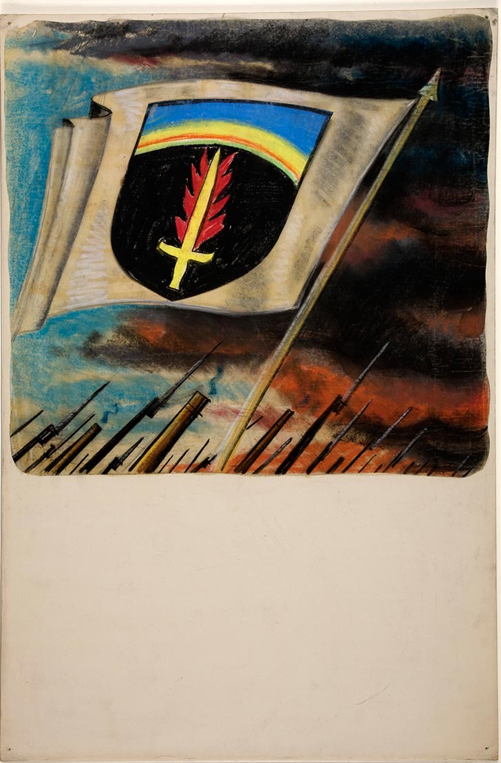 INF3 326 Unity of Strength Flag, with flaming sword on shield motif