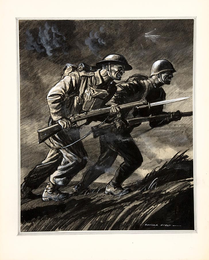 INF3 338B Unity of Strength A British soldier and a Russian soldier charging with rifles Artist Rowland Hilder