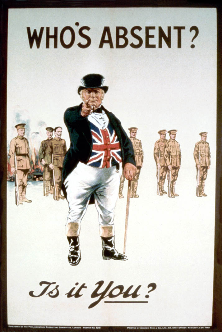John Bull stands pointing toward the viewer before a formation of soldiers