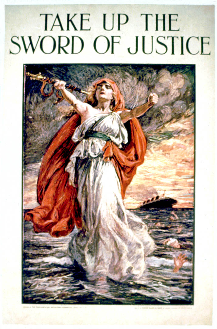 Justitia is shown over the ocean and offering her sword. In the background the Lusitania lies leaning to her side