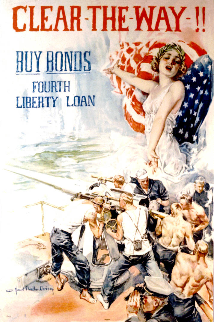 Liberty stands over sailors as they man a deck gun