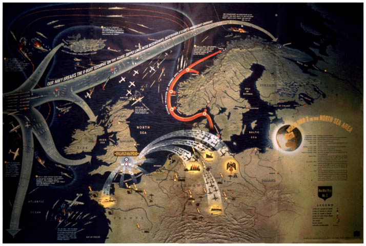 Map of the North Sea region with graphic representations of combat operations. WORLD WAR 2 IN THE NORTH SEA AREA