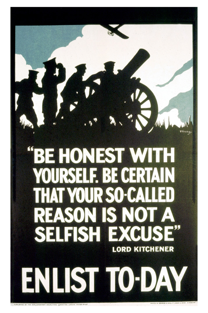 Prominent quote by Lord Kitchener, above which is depicted soldiers manning an artillery piece