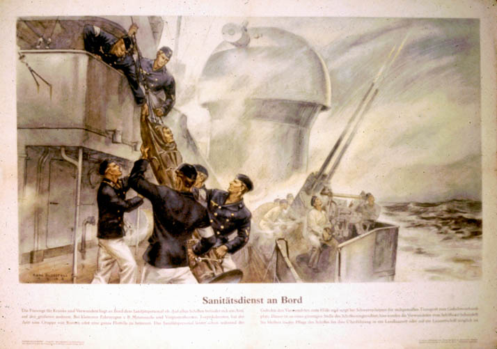 Sailors hoist a comrade man on a stretcher