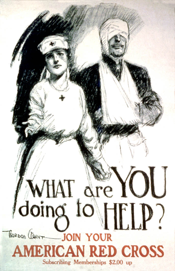 Standing next to a wounded soldier, a Red Cross nurse beckons, with outstretched arm, to the viewer