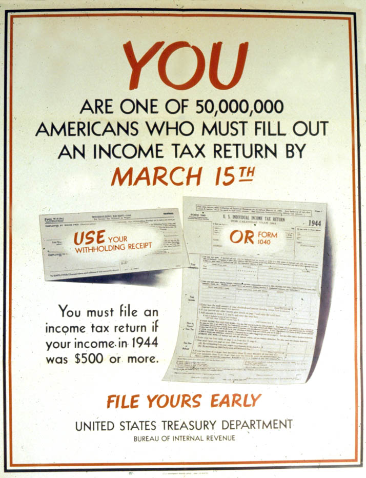 Text and images of a tax receipt and income form. YOU ARE ONE OF 50,000,000 AMERICANS WHO MUST FILL OUT AN INCOME TAX RETURN BY MARCH 15TH