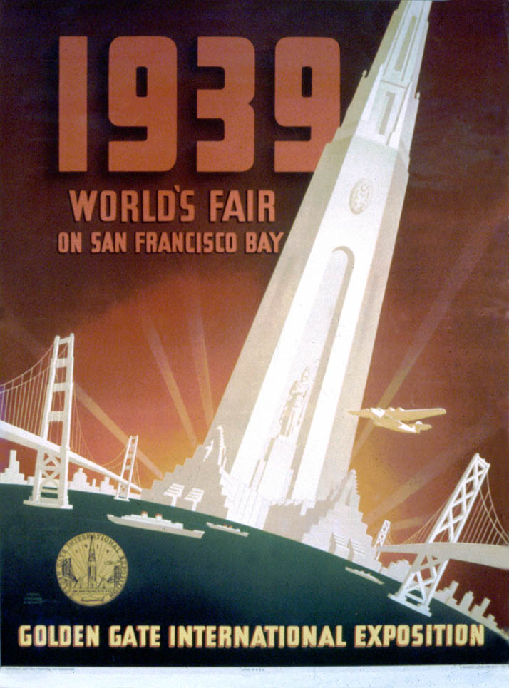 The Tower of the Sun, flanked by the Golden Gate and San Francisco Oakland bridges, stands prominently over the bay