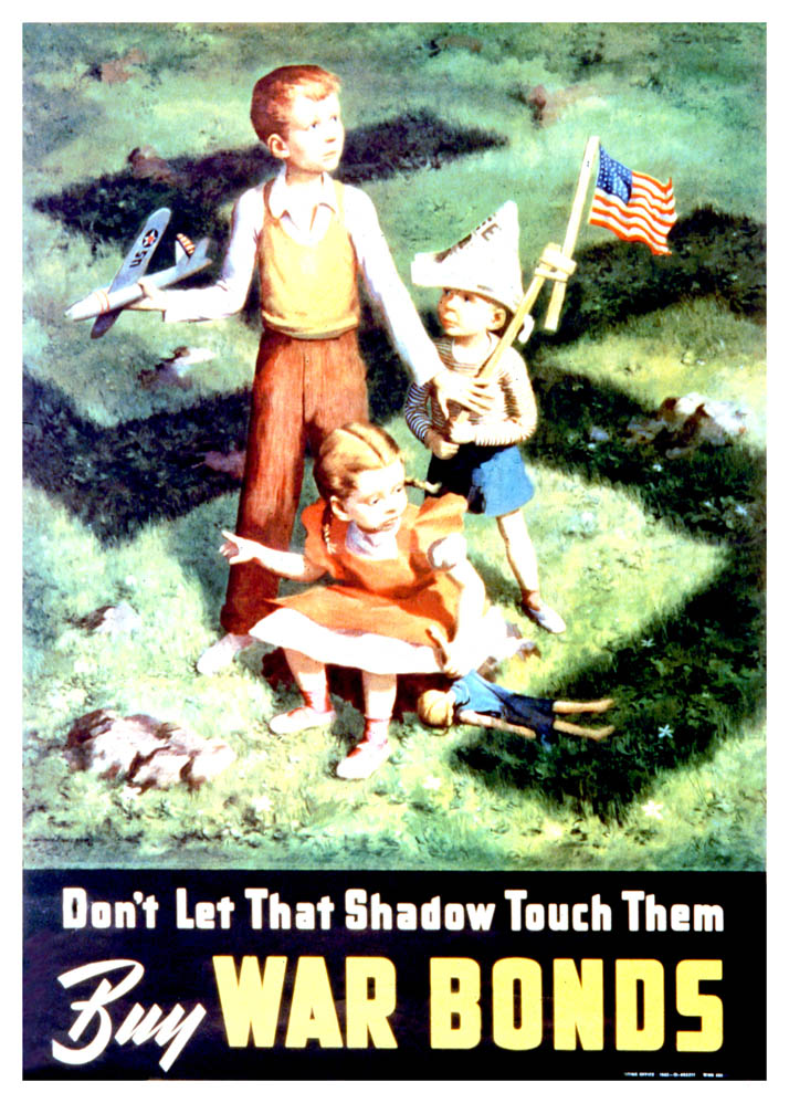 Three American children stand under the shadow of a swastika