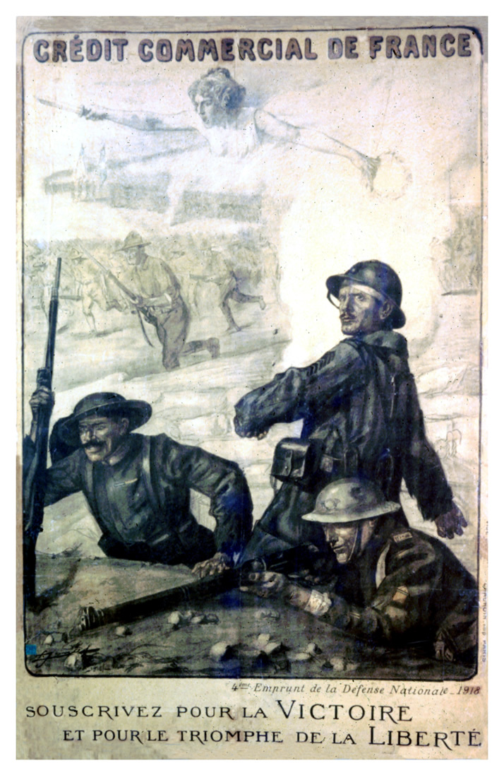 Three soldiers behind an escarpment with the center soldier throwing a grenade. In the background sodliers charge ahead with Victory overhead