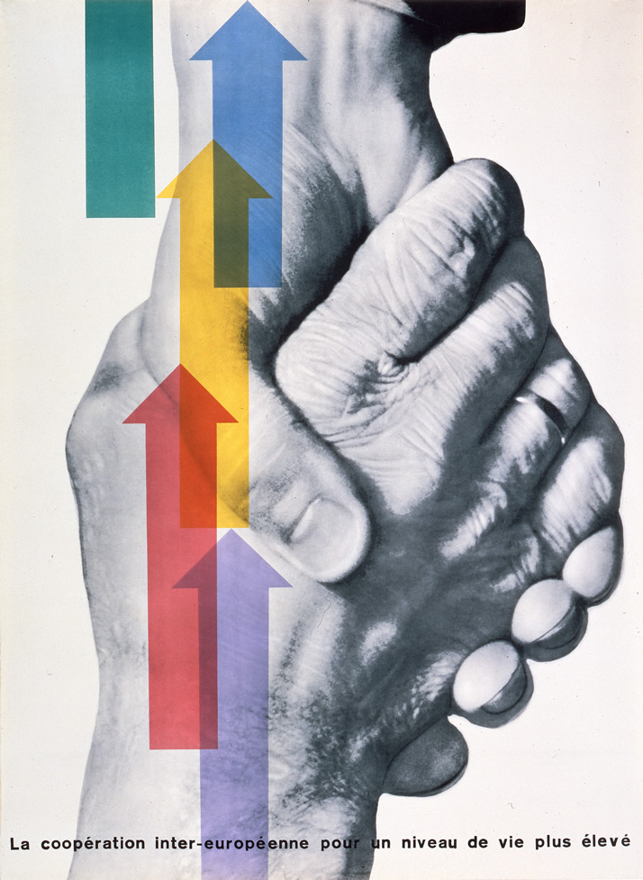 Two clasped hands with multicolored arrows pointing upward