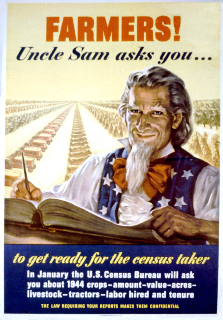 Uncle Sam smiles while writing in a ledger