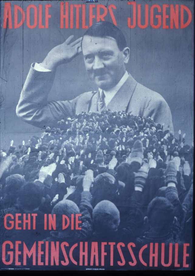 Volksemfänger Poster – “Adolf Hitler’s youth attends community schools.”