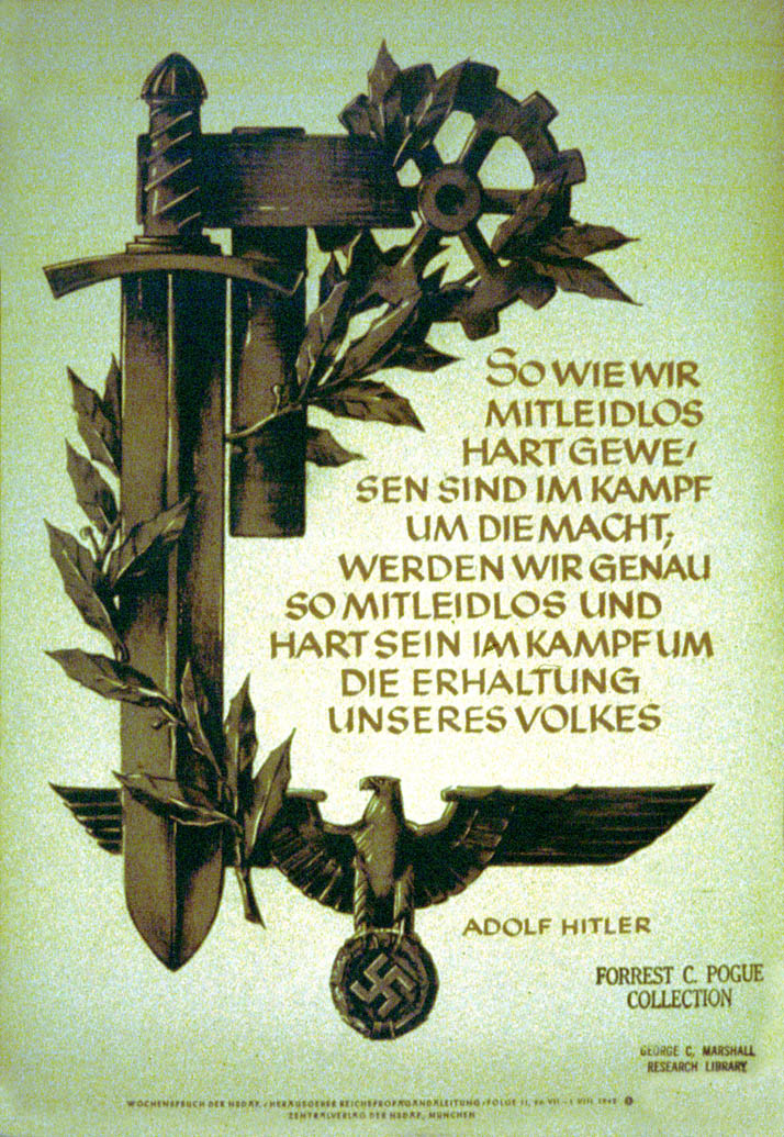 Weekly NSDAP slogan adjacent to a sword, hammer, and gear wrapped in an olive branch extending from the German eagle and swastika