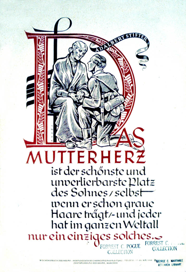 Weekly NSDAP slogan below an image of a soldier kneeling before his mother
