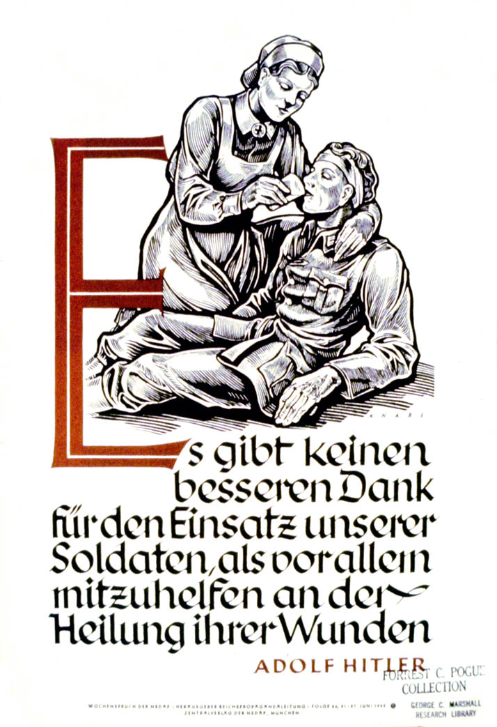 Weekly NSDAP slogan beneath a nurse aiding a wounded soldier
