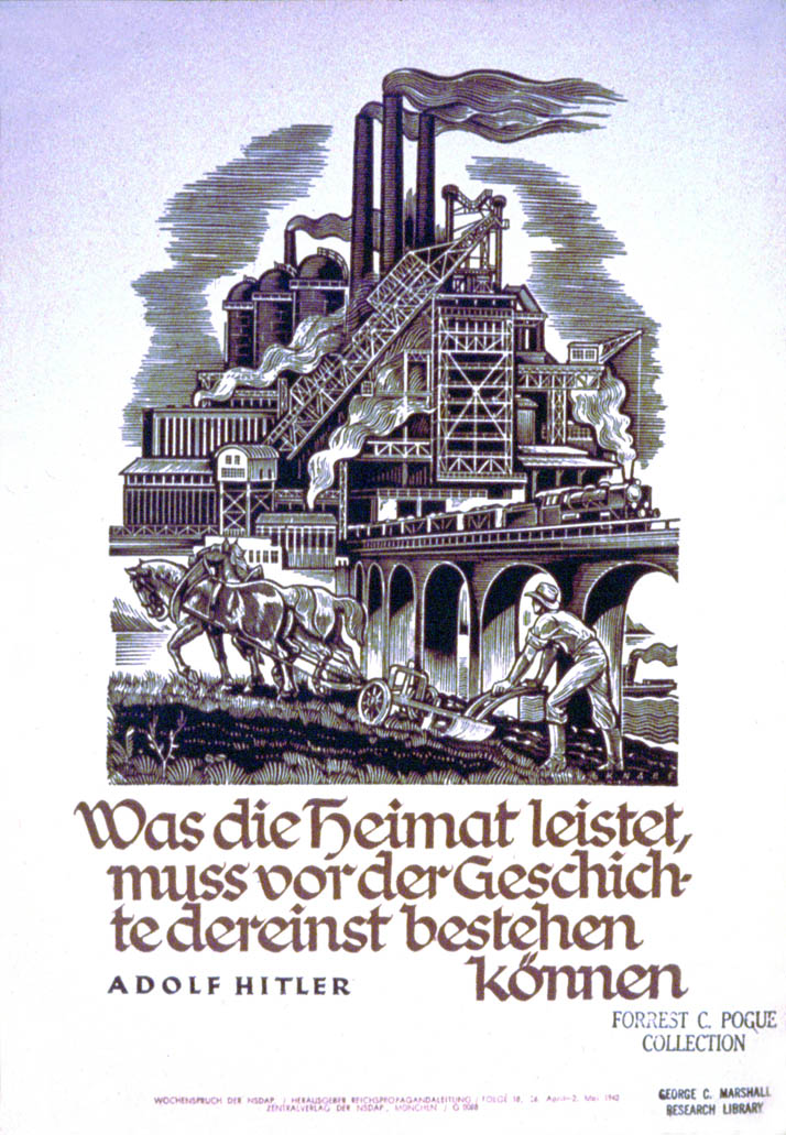 Weekly NSDAP slogan beneath an image of farmland giving way to urban industrialism