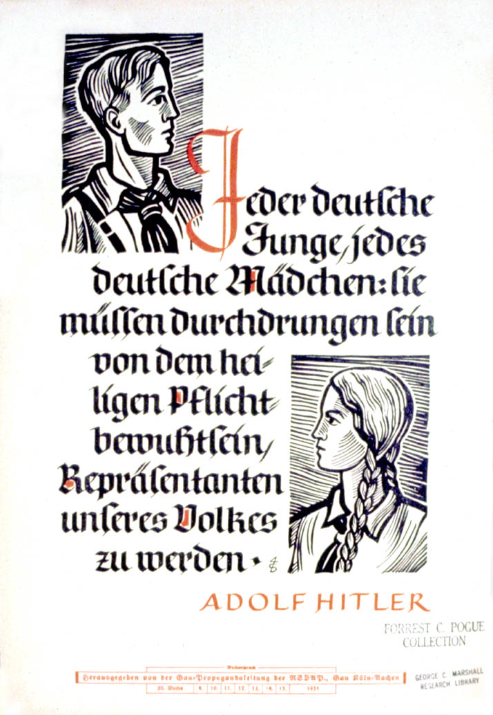 Weekly NSDAP slogan with a profile of a boy and girl