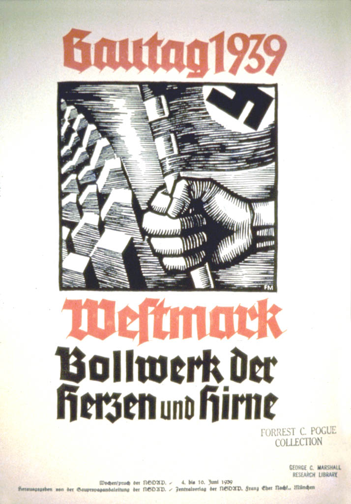 Weekly NSDAP slogan with an image of a hand grasping the flag of the Third Reich