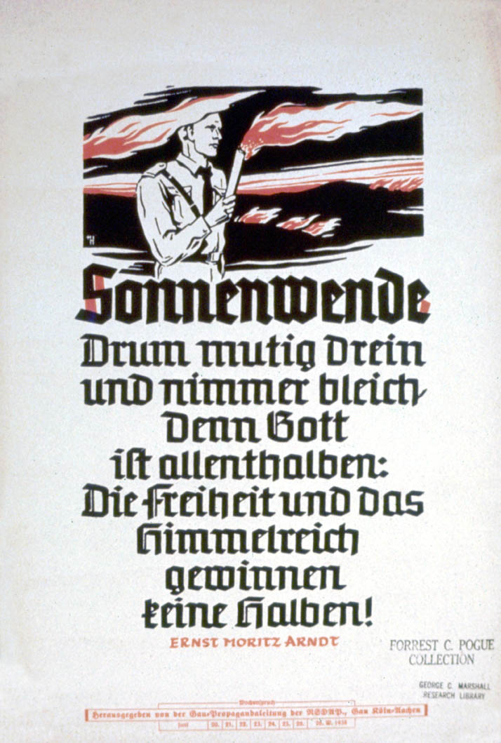Weekly NSDAP slogan with an image of a uniformed German carrying a torch