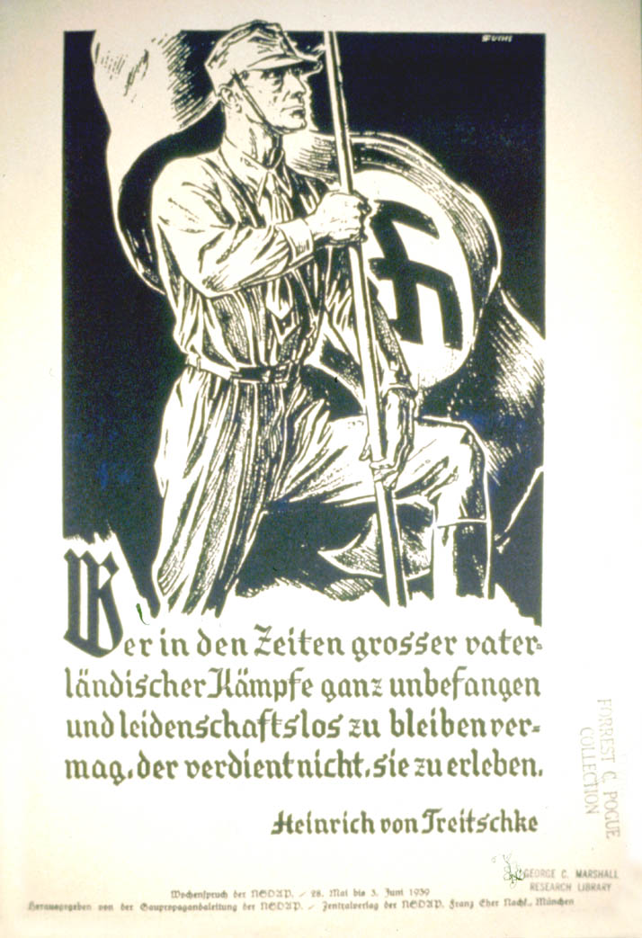 Weekly NSDAP slogan with an image of a uniformed German carrying the flag of the Third Reich