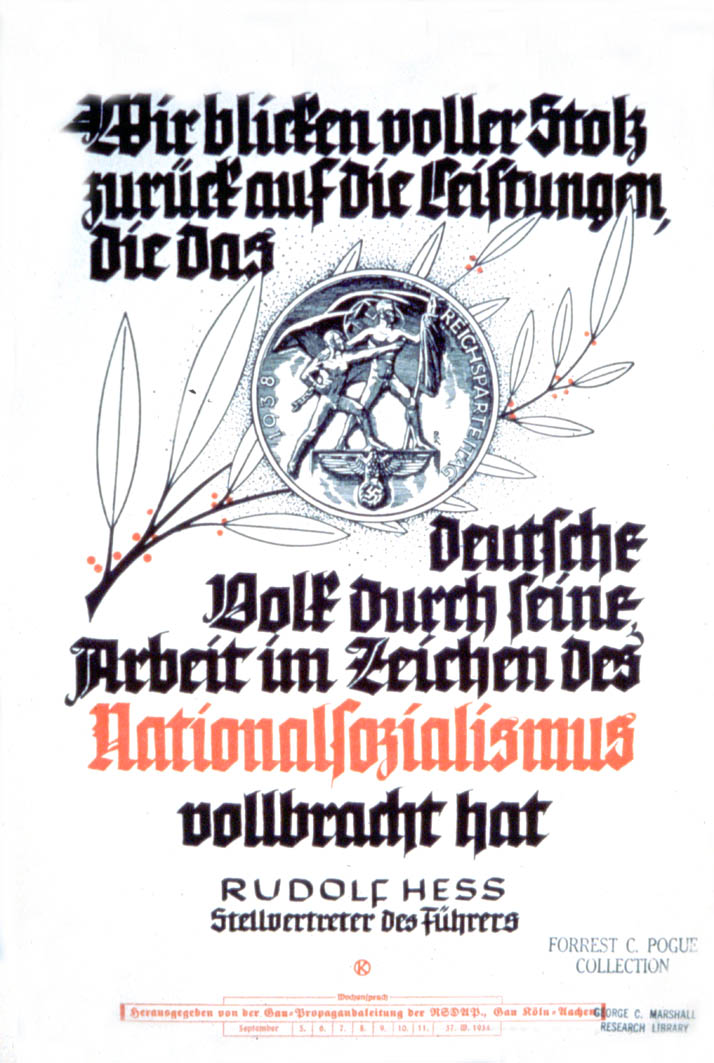 Weekly NSDAP slogan with the image of an olive branch and a Reichsparteitag 1938 tinne